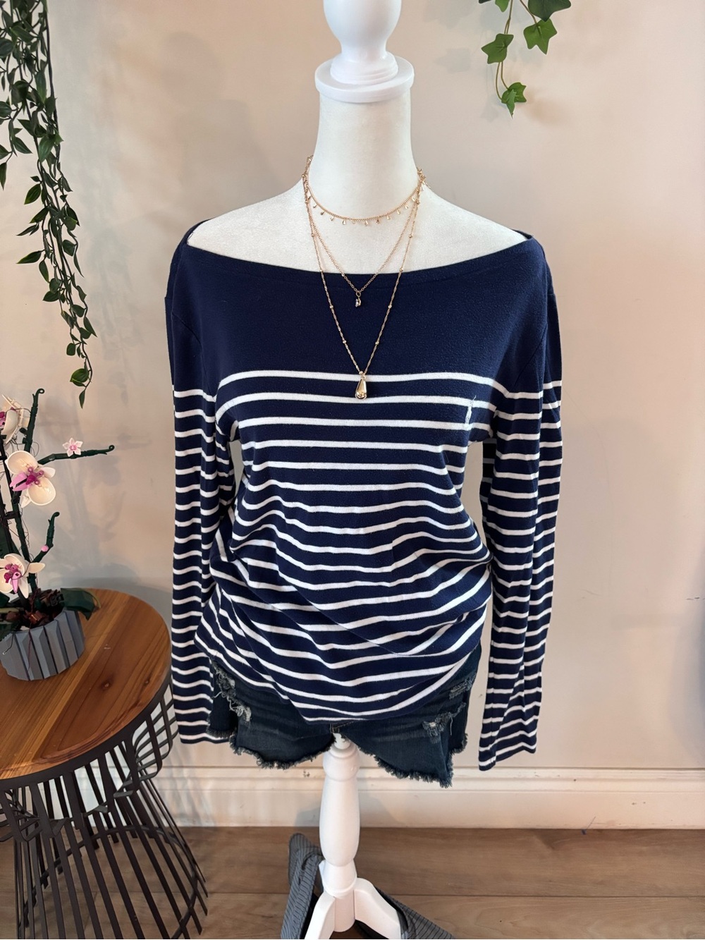 Navy & White Striped Off-Shoulder Knit Top